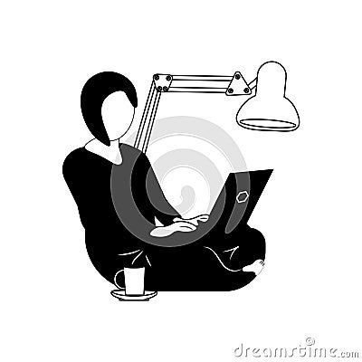 girl with computer learns to work online postcard image remote learning or work in today's world black white Stock Photo